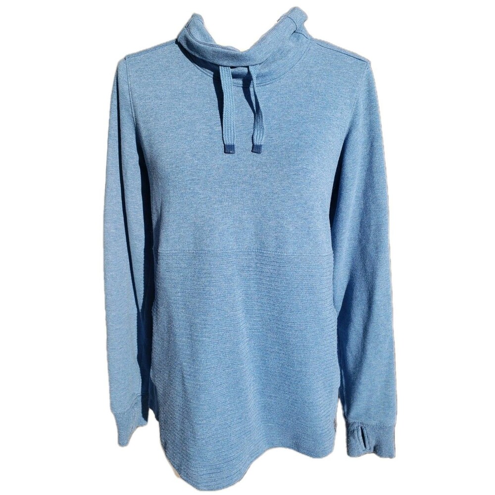L.L. Bean Women's S Cozy Mixed-Knit Pullover Sweatshirt Blue Kang Pkt Thumb Cuff